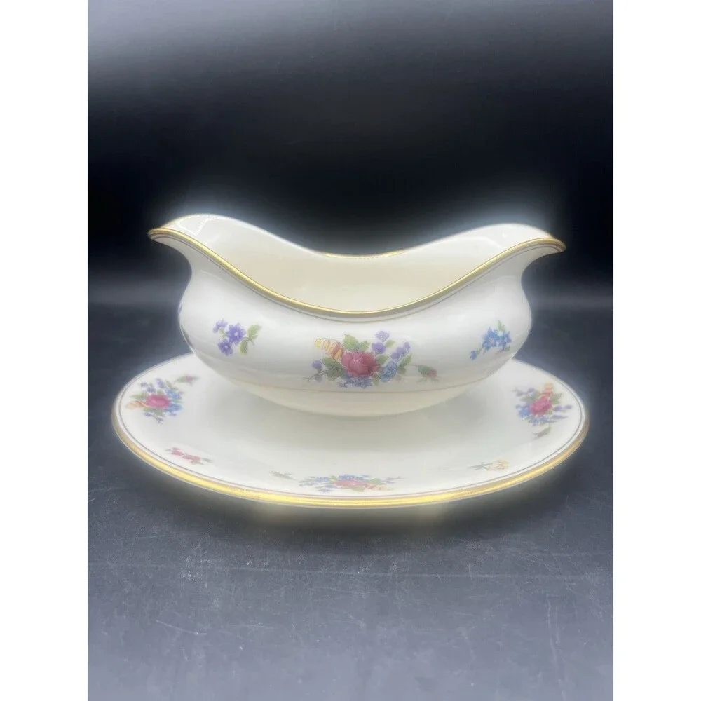 Vintage Lamberton Rose of Lamberton Gravy Boat Underplate Gold Trim Floral China